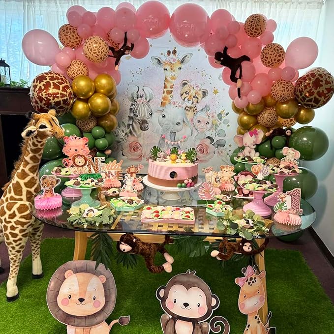 Sensfun Jungle Safari Baby Shower Backdrop It's A Girl Pink Floral Zoo Animals Baby Shower Party Decorations Wild One Birthday Photography Background Cake Table Banner Supplies (5x3ft)