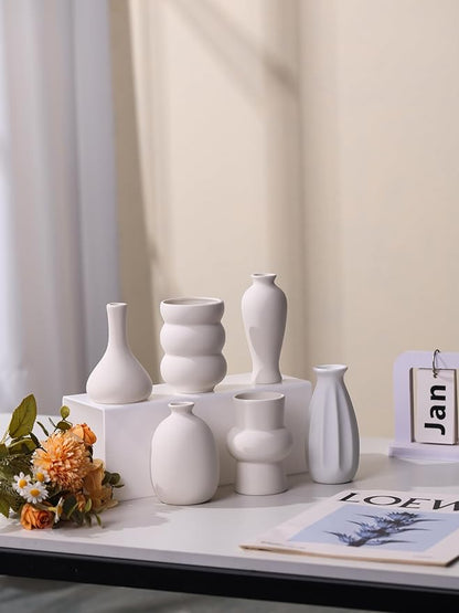 Set of 9 Ceramic Bud Vases for Pampas Grass Flowers, Small Vases in Bulk for Centerpieces Boho Vases for Wedding Decorations Neutral Living Room and Bedroom Decor DIY Gift (White-2)