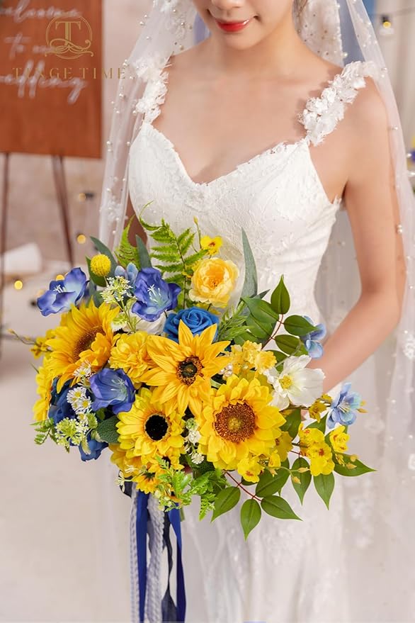 TINGE TIME 13 InchWedding Bouquets for Bride,Bridal Bouquet for Bride, Artificial Silk Sunflowers for Graduation Bouquet, Fake Flowers for Wedding Ceremony and Anniversary (Sunflower&RoyalBlue)