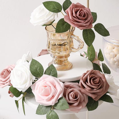 DerBlue 60pcs Artificial Roses Flowers Real Looking Fake Roses Artificial Foam Roses Decoration DIY for Wedding,Arrangements Party Home Decorations (Shades of Dusty, 60pcs Regular 3")
