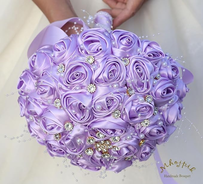 Bridal Wedding Bouquet Round Bling Brooch Bouquet Throw Toss Artificial Rose Flower Bunch for Bride Bridesmaid Wedding Quinceanera(Light Purple, 8.7")