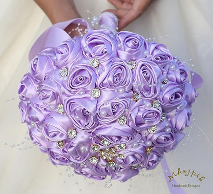 Bridal Wedding Bouquet Round Bling Brooch Bouquet Throw Toss Artificial Rose Flower Bunch for Bride Bridesmaid Wedding Quinceanera(Light Purple, 8.7")