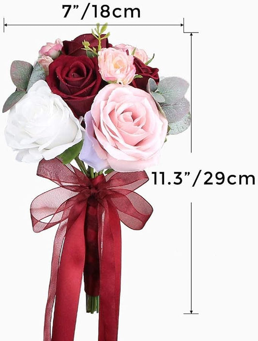 Rinlong 7" Wedding Bouquet for Bride Bridal Bridesmaid Vintage Artificial Flowers Burgundy Silk Bouquet Wedding