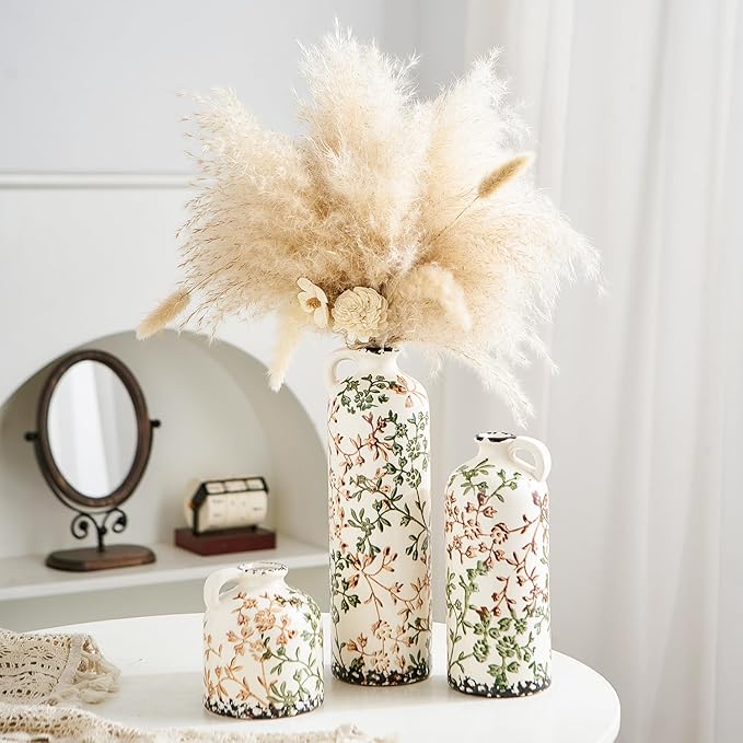 Ceramic Vase Set of 3, Vintage Green and Beige Vase, Chinoiserie Floral Vases, Rustic Farmhouse Ceramic Vases for Home Decor, Living Room, Kitchen Island, Bookshelf, Grand Millennial Decor