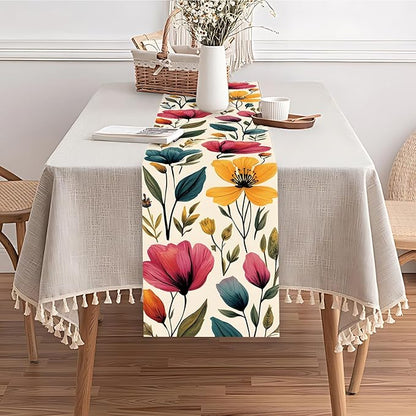 Watercolor Floral Table Runner – Elegant Red, Blue & Purple Blooms on Beige, 13x72 Inch Linen-Look Fabric for Dining Table, Kitchen, Spring & Summer Home Decor, Everyday Use