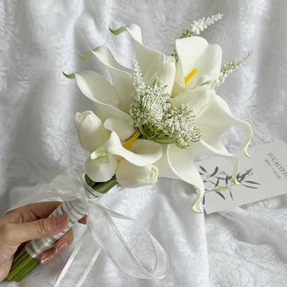 Floral Bouquet 10 Artificial Calla Lilies with 8 Artificial Tulip Flowers, Bridesmaid Bouquet with Wedding Ceremony Festivals Anniversary Bridal Rehearsal Party Bar Table Decor (White)