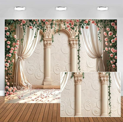 Wedding Party Backdrop, Floral Grass Wall White Sheer Curtain Flower Arch Photography Background, Greek Rose Wall Arch Lover Marriage Proposal Bridal Reception Photo Booth Props Banner 15x10ft