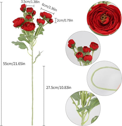 Silk Ranunculus Artificial Flowers 5PCS Long Stem Red Fake Peonies 21.65" Real Look Faux Ranunculus Flowers for Floral Arrangements Home Wedding Party Festival Decor (Red)