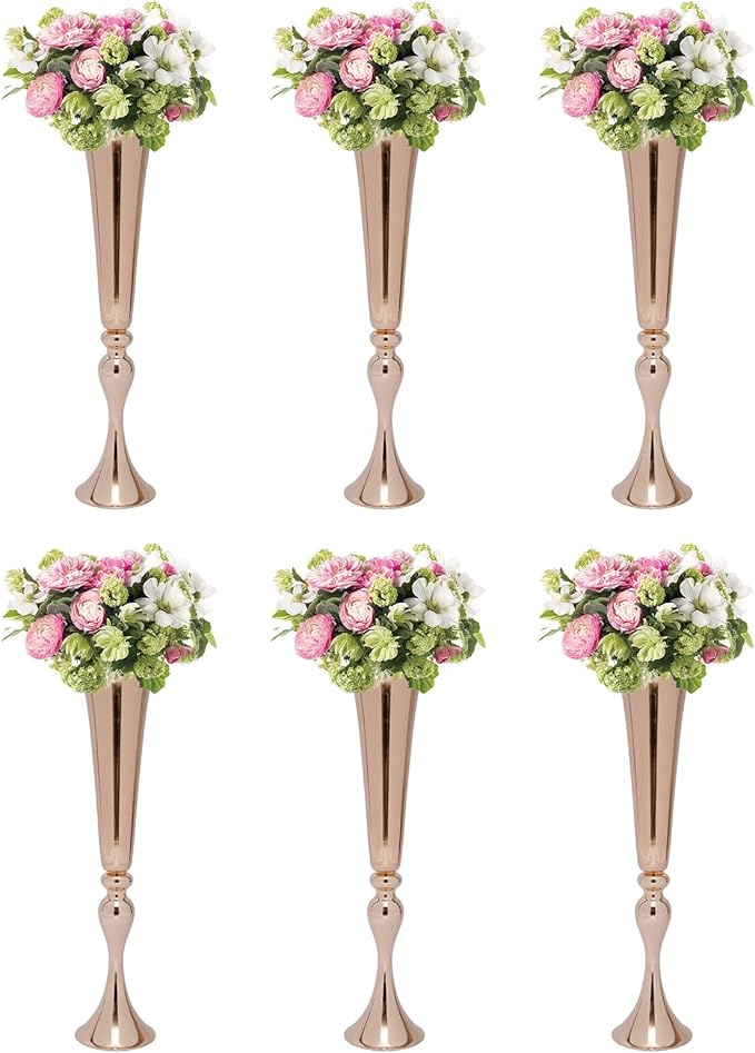 6 PcsTall Gold Trumpet Wedding Flower Vases, 22'' Metal Versatile Centerpieces, Tabletop Flower Stand for Wedding Anniversary Birthday Party Decorations Home Event Decor