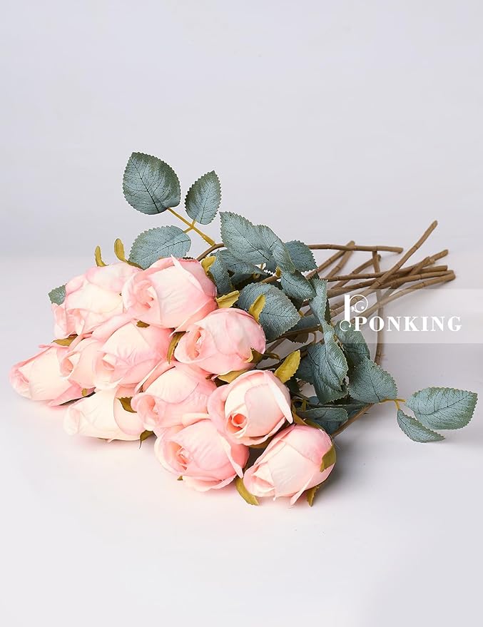 Rose Artificial Flower Buds 12pcs Realistic Faux Silk Roses Fake Flowers Bouquets Arrangements Decor for Wedding Spring Mother's Day, Home Table Decorations, Champagne Flower