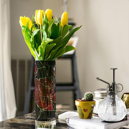 Flower Vase for Centerpieces, Red Roses Gold Black Plastic Cylinder Vase, Clear Bud Vases for Home Wedding Office Table Decor
