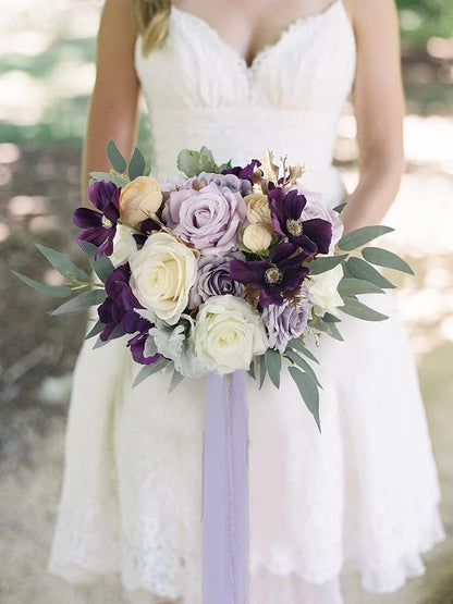 Rinlong Wedding Bouquet for Bride 11" Violet Purple Bridal Bouquets Artificial Flowers Purple Silk Wedding Proposal Bouquet