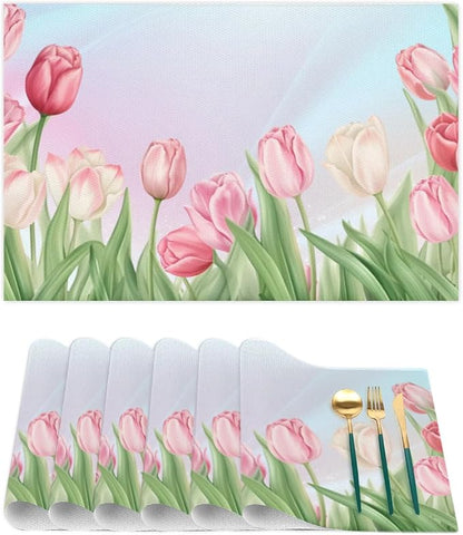 PVC Placemats Set of 6 Flower Tulip Pink Wipeable Table Mats Washable Heat Resistant Non Slip Vinyl Dining Table Mat for Kithen Indoor Outdoor Patio Farmhouse Place Mats Decorative