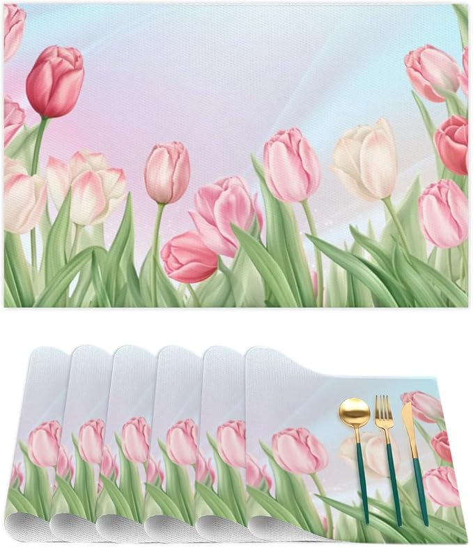 PVC Placemats Set of 1 Flower Tulip Pink Wipeable Table Mats Washable Heat Resistant Non Slip Vinyl Dining Table Mat for Kithen Indoor Outdoor Patio Farmhouse Place Mats Decorative