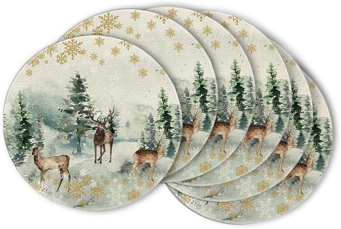 Artoid Mode Watercolor Deer Trees Snowflakes Christmas Round Placemats Set of 6, 14 Inch Winter Round Table Mats for Dining Decoration