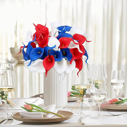 24 Pcs Patriotic Calla Lily Flower 4th of July Artificial Flowers Fake Blue White Red Silk Flowers Real Touch for Independence Memorial Day