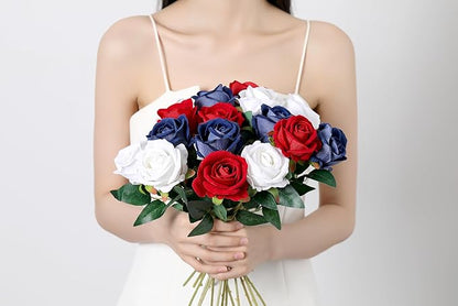 SITUMEIZI 15PCS 4th of July Flowers Roses Artificial Silk Flowers Patriotic Fake Bouquet with Long Stem for Independence Day Home Decor Bouquets Party Table Centerpiece(Mix,3)