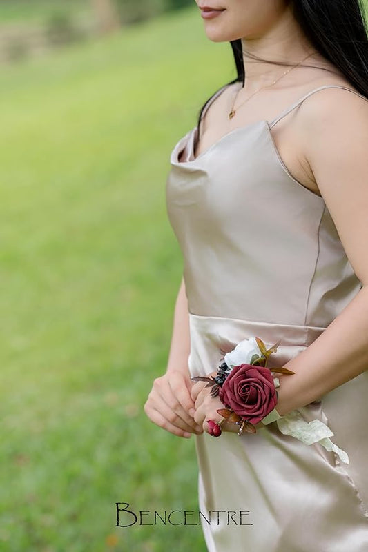 Burgundy Corsage for Wedding(Set of 6),Wrist Corsage,Corsage for Prom,Party Prom Hand Flower Decor,Bridesmaid Wrist Corsage,Vintage Wedding,Gothic Wedding,Artificial Flowers
