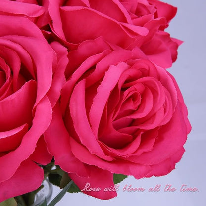 Felice Arts 12 Pack Hot Pink Roses Artificial Flowers with Stems Silk Fuschia Rose Bouquet for Wedding Bridal Bouquet Vase Table Centerpiece DIY Cake Valentines Decoration Decor