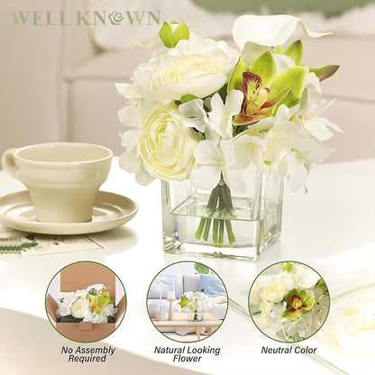 WELL KNOWN Fake Flowers in Vase, Mixed Artificial Flower with Fake Water in Glass Vase Realistic Hydrangea Calla Lily Ranunculus Silk Faux Floral Centerpiece for Coffee Dining Table Office Decor White