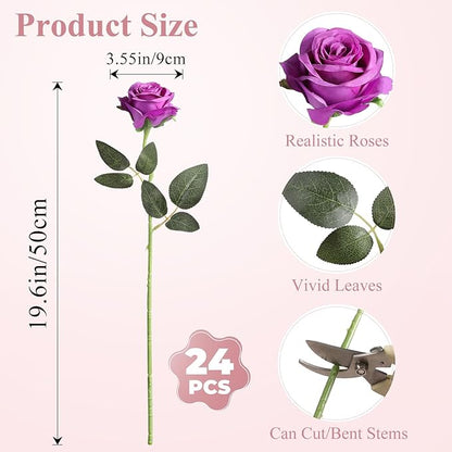 Nubry 24pcs Artificial Silk Roses Bulk,Fake Roses Flower with Stems Realistic Flowers for Wedding Centerpiece Home Party Decor(Purple)
