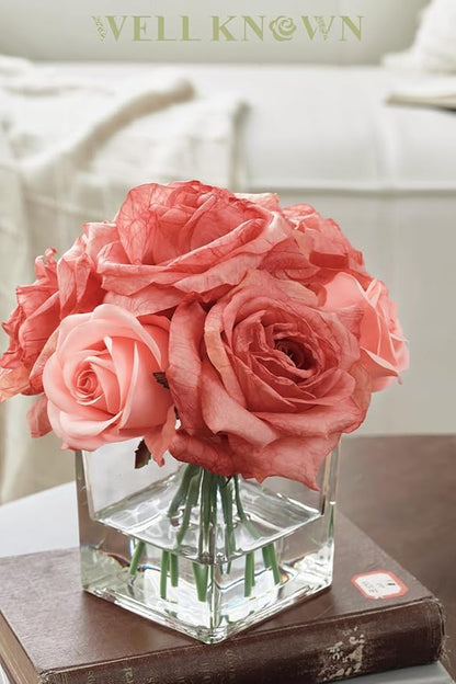 WELL KNOWN Rose Artificial Flowers in Vase with Faux Water, Silk Rose Table Centerpieces for Home Coffee Table Decor, Bean Pasty Pink Fake Rose Flower Arrangement for Wedding Office Hotel & Mom's Gift