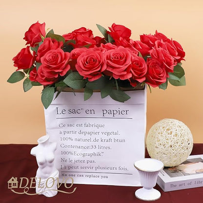 52pcs Red Roses Artificial Flowers Red Fake Flowers Silk Roses with Stems for DIY Wedding Bouquets Bridal Shower Centerpieces Arrangements Party Decorations