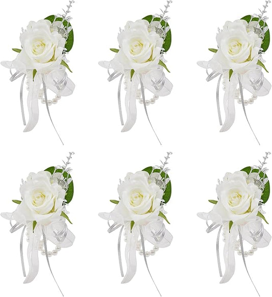 Meldel Prom Wrist Corsage for Bride Bridesmaids Wedding, Set of 6, Artificial White Rose Wrist Corsages for Prom Women Girls Engagement Mother Bridal Shower Party Homecoming Graduation Anniversary