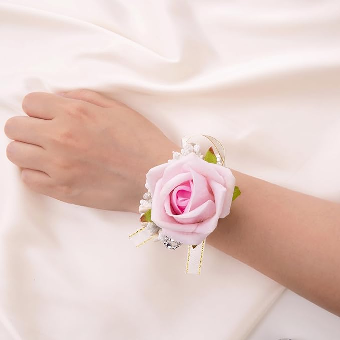 SITUMEIZI 2Pcs Pink Corsage and Boutonniere Set Corsage Wristlet for Prom Decor Boutonniere for Men Wedding Flowers Accessories Party Suit Decoration(Light Pink)