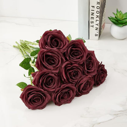 Artificial Rose 10pcs Open Flower Bouquet Faux Rose Stems for Wedding Arrangement, Bridal Bouquet, Centerpiece, Fake Faux Silk Flowers (Burgundy)