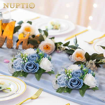 NUPTIO Wedding Floral Centerpieces for Tables: 6 Pcs Dusty Blue & White Fake Flower Ball for Weddings Party - Artificial Rose Arrangements for Birthday Bridal Shower Decorations