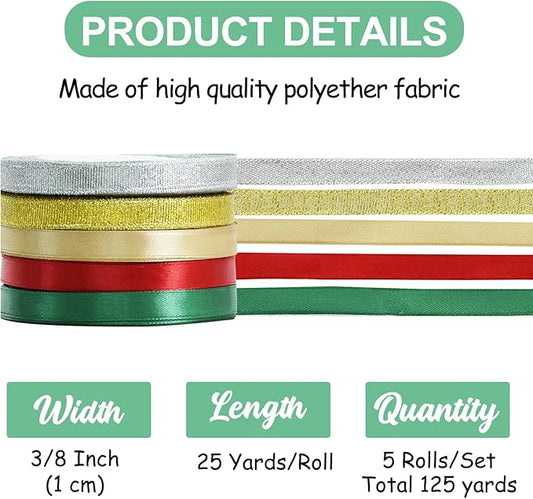 TONIFUL 5 Colors Christmas Ribbon 3/8 Inch x 125 yds Thin Satin Ribbon Rolls with Glitter and Solid Color for Gift Wrapping Crafts Bows Ornaments Hanging Christmas Tree Decorations