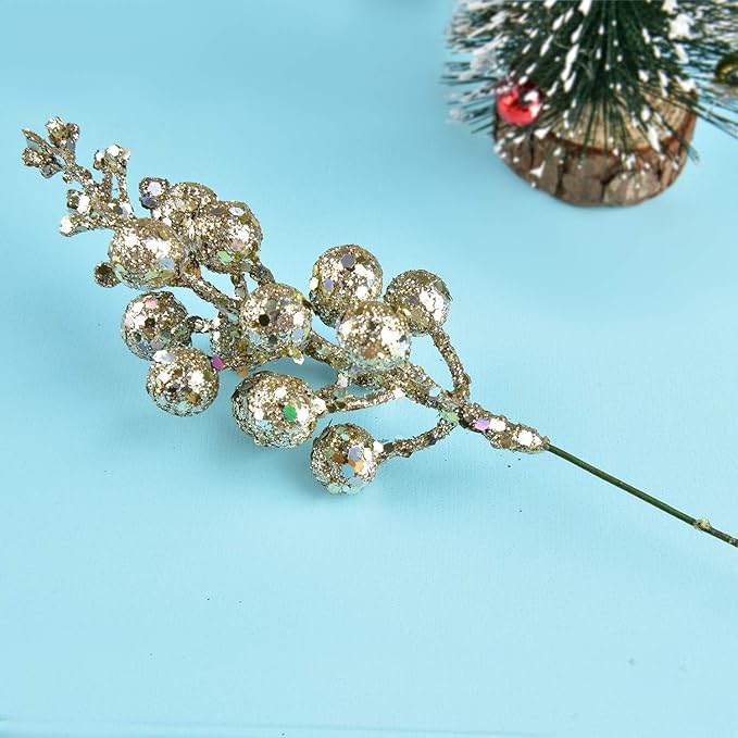 DearHouse 14 Pack Christmas Glitter Berries Stems, 7.7 Inch Champagne Artificial Christmas Picks for Christmas Tree Ornaments, DIY Xmas Wreath, Crafts, Holiday and Home Decor