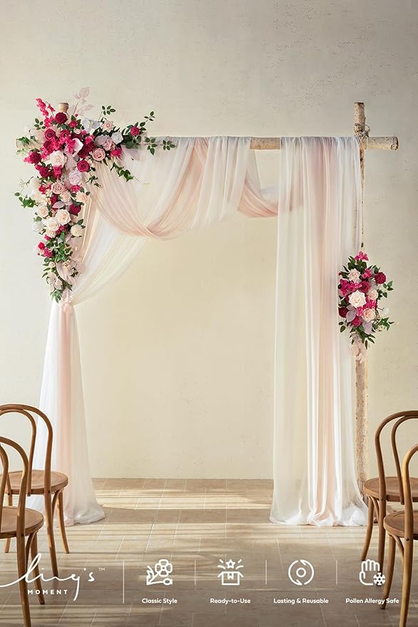 Ling's moment Deluxe Spring Pink Artificial Wedding Arch Flowers with Drapes Kit-Pack of 5, 2pcs Flower Arrangements 3pcs Hanging Sheer Drapes Ceremony Arbor Reception Backdrop Floral Decoration