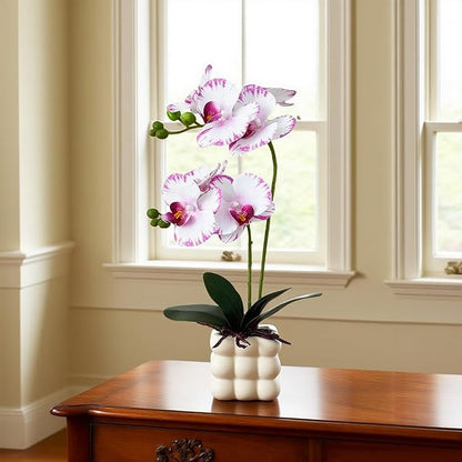 Artificial Orchids in Vase, White Purple Edged, 14 in Height, Home Decor Orchid Artificial Flowers