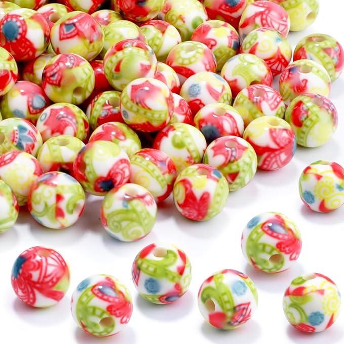 100 PCS 10mm Resin Beads Bulk for Bracelet Making Kit, Abstract Style Round Loose Beads for Jewelry Earring Necklace Rings Art Craft DIY Projects