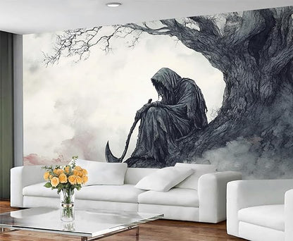 Grim Reaper Sitting Tree Wall Mural, Gothic Death 3D Wall Murals, Gothic Halloween Themed Wallpaper Mural, for Living Room Bedroom Large Wallpaper Indoor Decor 169.3" W x118.2 H