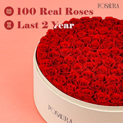 Rosaura Round Preserved Roses Gift Box - Real Forever Flowers for Birthday, Valentine's & Mother's Day (red, 100 Roses)