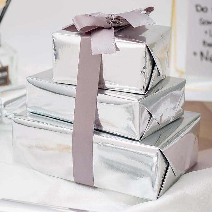 Merture Metallic Silver Wrapping Paper Roll - 17 In X 787.4 In (92.6 sqft) Solid Color Silver Gift Wrap with Cutting Lines for Christmas, Wedding, Birthday, Valentines Day, Mothers Day, Baby Shower