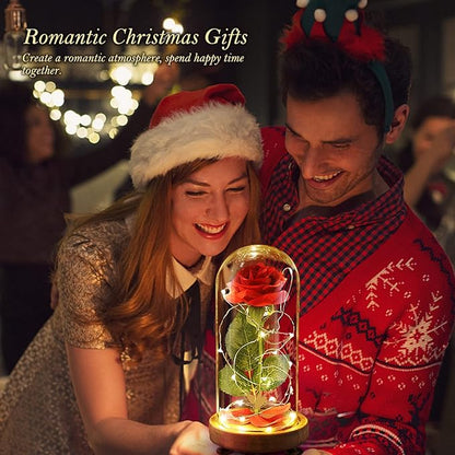 Christmas Birthday Gifts for Women,Beauty and The Beast Rose in Glass Dome,Silk Rose Forever Flowers with Lights,Mom Gift,Romantic Gifts for Her,Anniversary Flower Gifts for Women,Gifts for Girlfriend