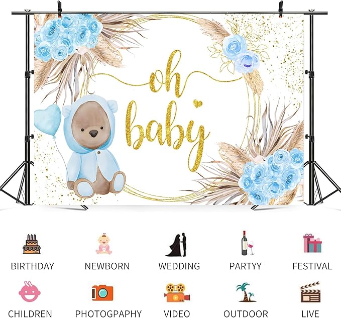 15x8ft Baby Shower Backdrop Oh Baby Photography Background Bear Blue Flowers Boho Leaves Heart Balloon Gold Dots Kid Birthday Party Banner Decorations Newborn Gender Reveal Photo Booth Prop