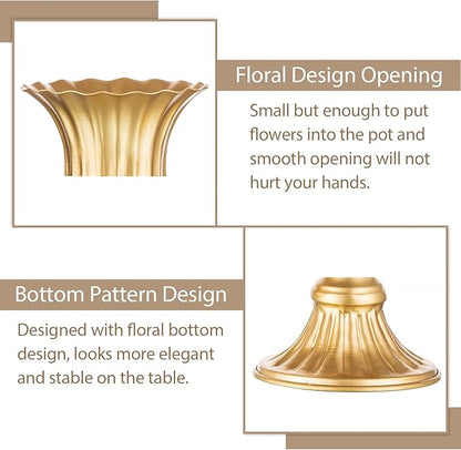 Sziqiqi Metal Flower Arrangements Pot for Wedding Table Centerpiece - Gold Planter Vase Pot for Artificial Real Flower Small Trumpet Plant Urn 6.3in