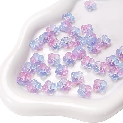 100PCS Glass Flower Beads for Jewelry Making 4 Petal Flower Bead Caps Gradient Cute Floral Beads Aesthetic Charms for Necklace Bracelets Earrings DIY Craft Home Decoration-Pink Blue