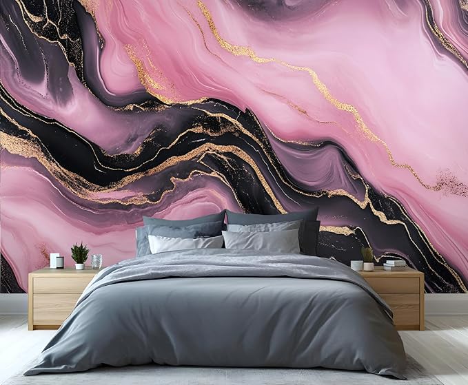 Pink Black Marble Wall Mural, Luxury Fluid Art 3D Wall Murals, Gold Vein Abstract Marble Wallpaper Mural, for Living Room Bedroom Large Wallpaper Indoor Decor 157.5" W x110.3 H