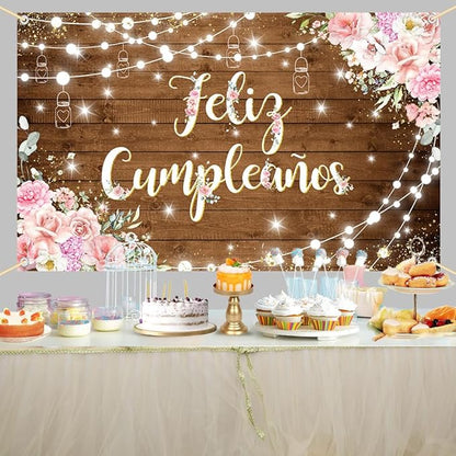 Feliz Cumpleaños Backdrop Pink Floral Retro Mexican Fiesta Happy Birthday Party Decorations Mexico Carnival Birthday Banner Photo Shoot Props 70.8 x 43.3 inch