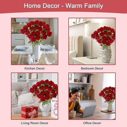 12Pcs Red Roses Artificial Flowers Fake Roses Faux Velvet Silk Flower for Home Wedding Decoration (Pearl Rose, Red)