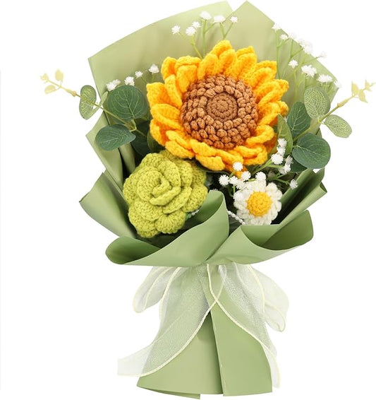 Handmade Crochet Sunflowers Rose Daisy as a Gift for Lover, Family,Friends. Crochet Bouquet, Crocheted Yarn Flowers, Artificial Flower Finished Bouquet (Yellow&Brown)