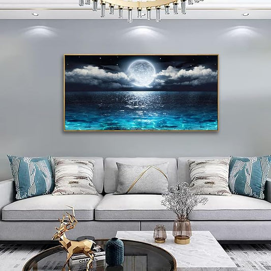 Canvas Wall Art for Living Room Bedroom Office Framed Ocean Beach Wall Art Paintings Pictures Artwork Moon Waves Blue Wall Decor 2.7cm Thick Frame, 20 * 40inch