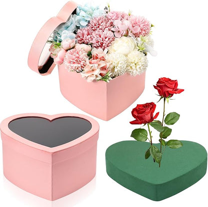 Nuenen Heart Shaped Flower Gift Boxes, Floral Gift Box with Lids Floral Foam Clear Cellophane 9.8 x 9 x 5 Inches for Birthday Wedding Proposal Packaging Arrangements(Pink)
