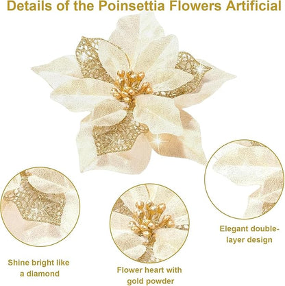 24 Pcs Christmas Poinsettia Flowers Artificial with Clips, 5.9" Christmas Decor Glitter Poinsettia Flowers for Christmas Tree New Year Wedding Party Wreath DIY Garland Decor (Gold)